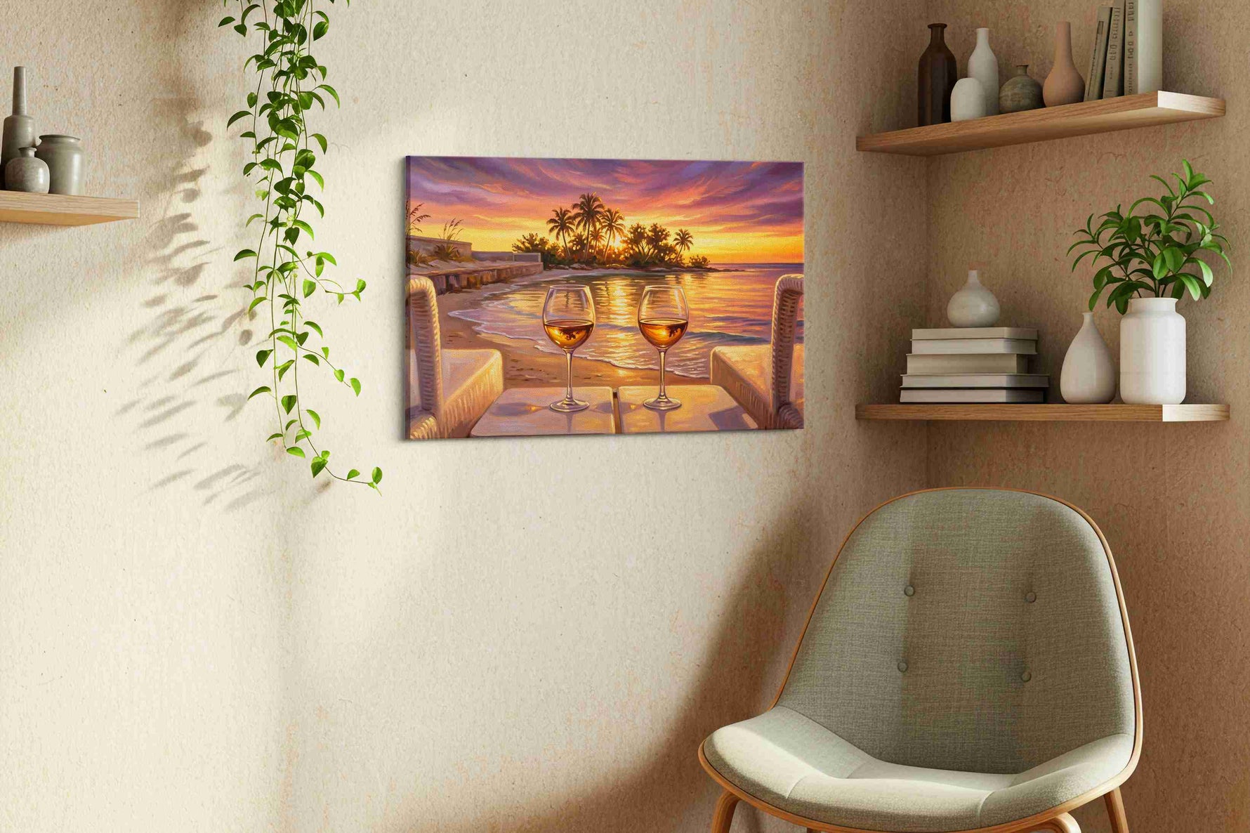 Twilight Toast by the Sea beach canvas print, displayed in a living room