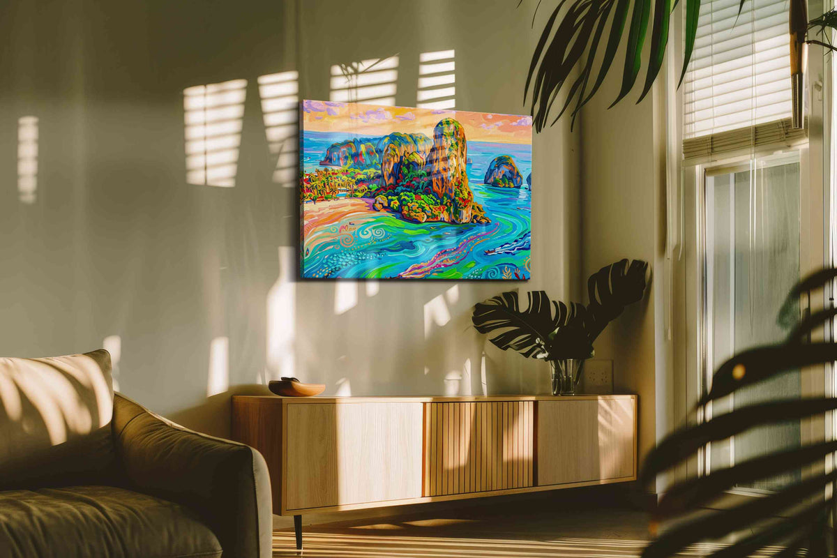 Vibrant Whispers of the Tropics beach canvas print, displayed in a living room