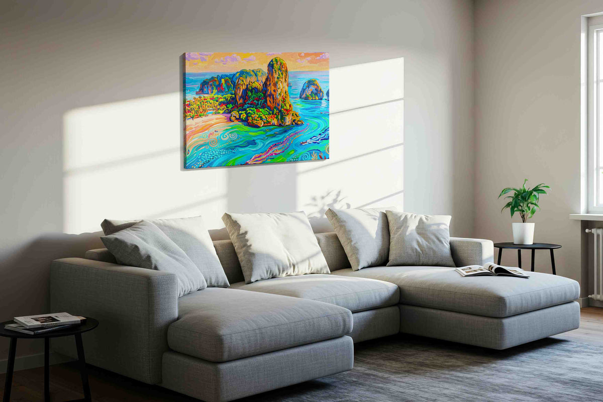 Vibrant Whispers of the Tropics beach canvas print styled in a living room