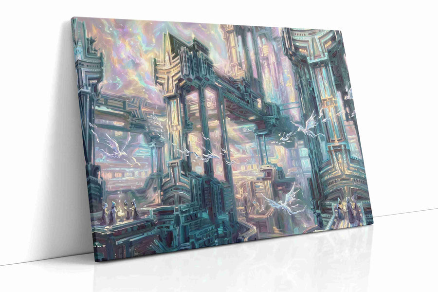 Celestial Cityscape Dream - Fantasy Wall Art, Magical Canvas Print, Mythical Art