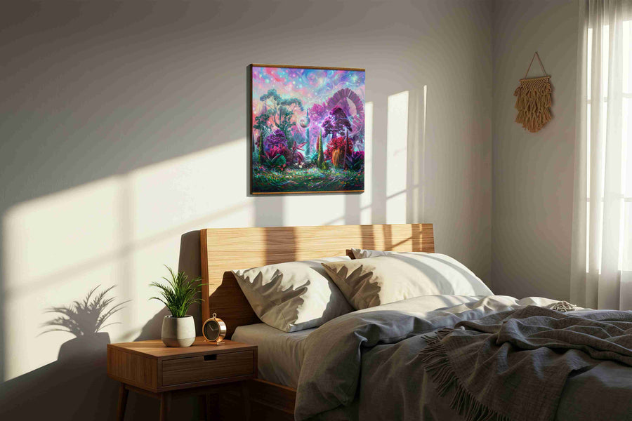 Celestial Garden Dreamscape fantasy canvas print, displayed in a bedroom