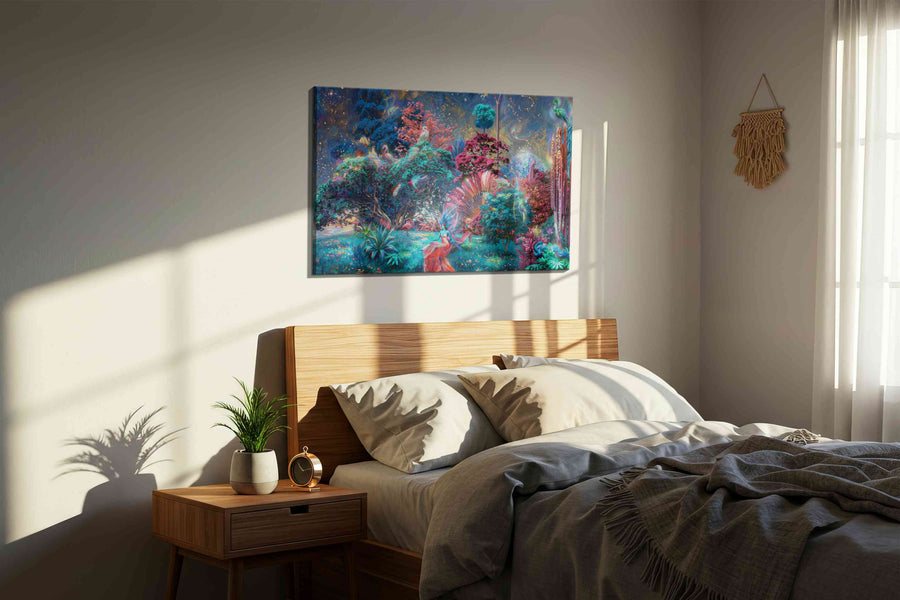 Celestial Garden Reverie fantasy canvas print, displayed in a bedroom