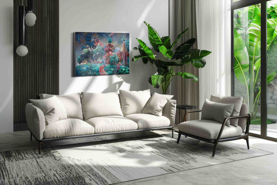 Celestial Garden Reverie fantasy canvas print in a hung canvas mockup