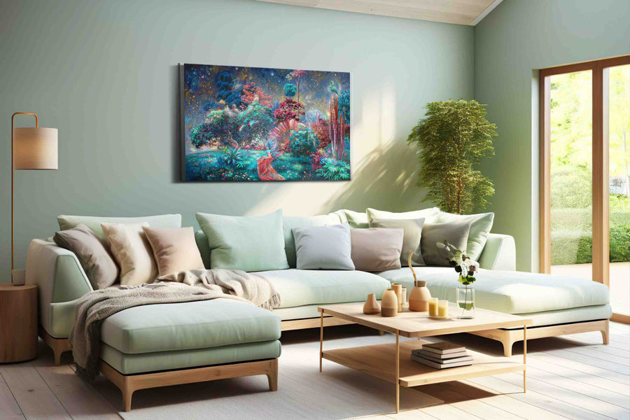Celestial Garden Reverie fantasy canvas print, hanging on wall