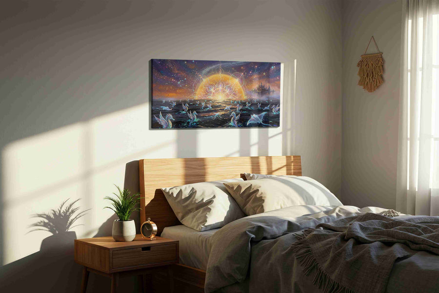 Celestial Sea Dance fantasy canvas print, displayed in a bedroom