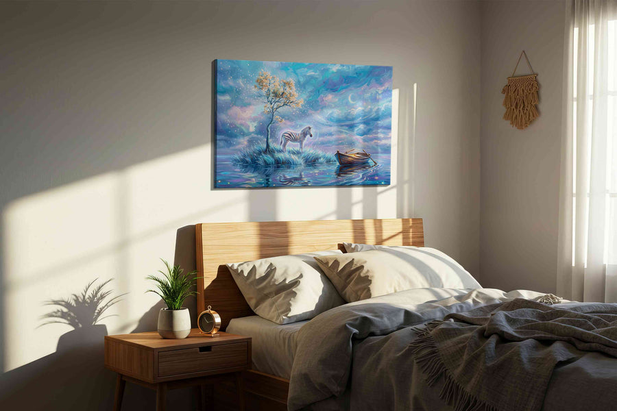 Celestial Zebra Dreams fantasy canvas print, displayed in a bedroom