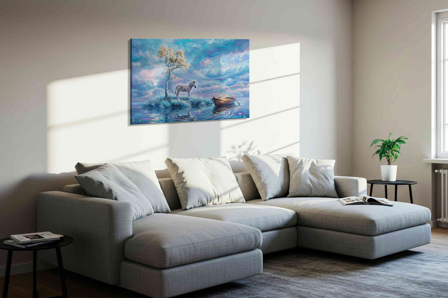 Celestial Zebra Dreams fantasy canvas print, displayed in a living room