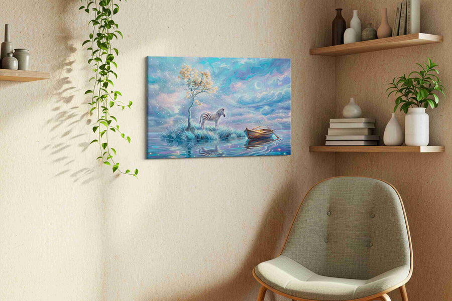 Celestial Zebra Dreams fantasy canvas print styled in a living room