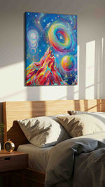 Cosmic Dreams Unveiled fantasy canvas print, displayed in a bedroom