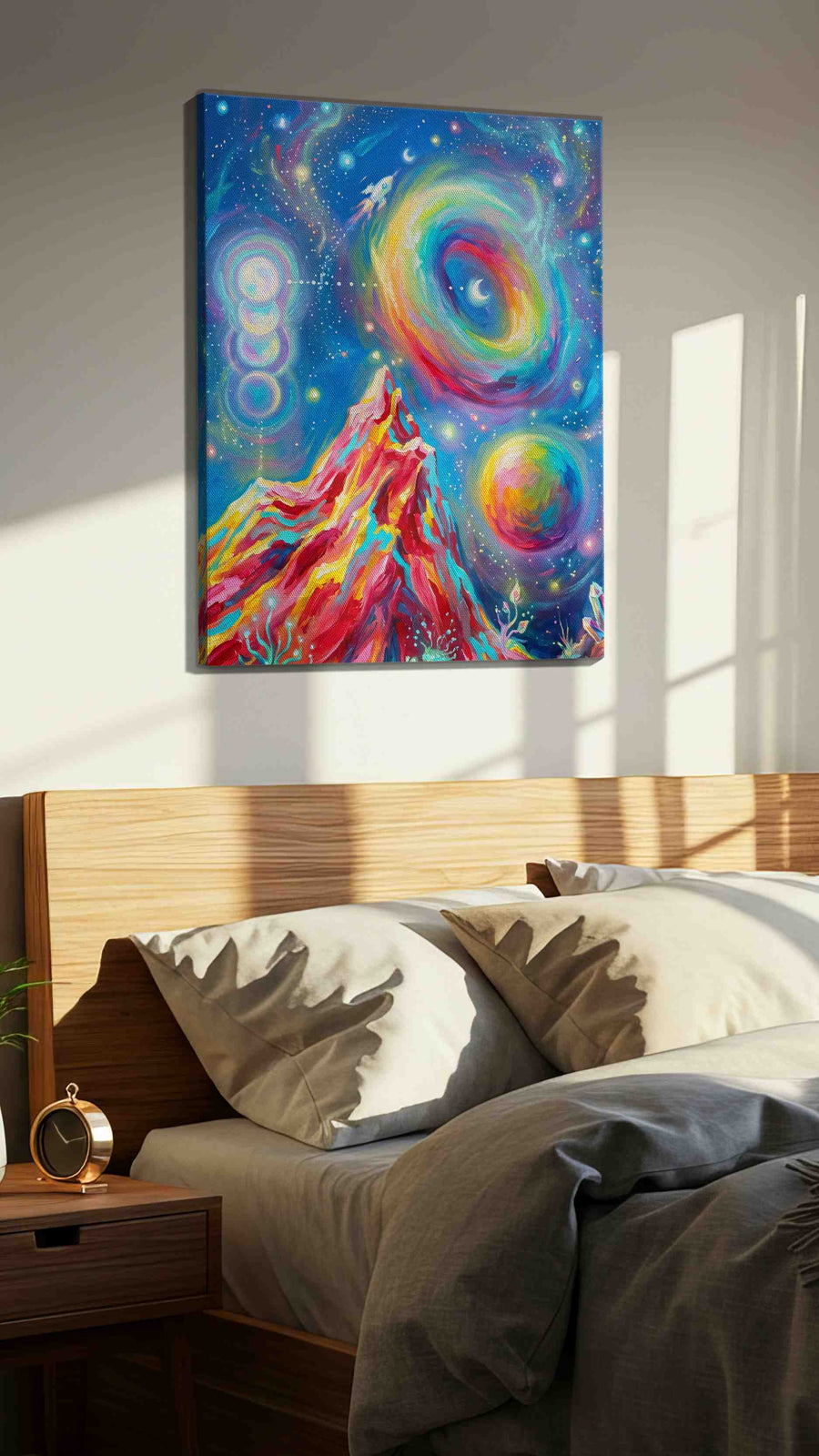 Cosmic Dreams Unveiled fantasy canvas print, displayed in a bedroom
