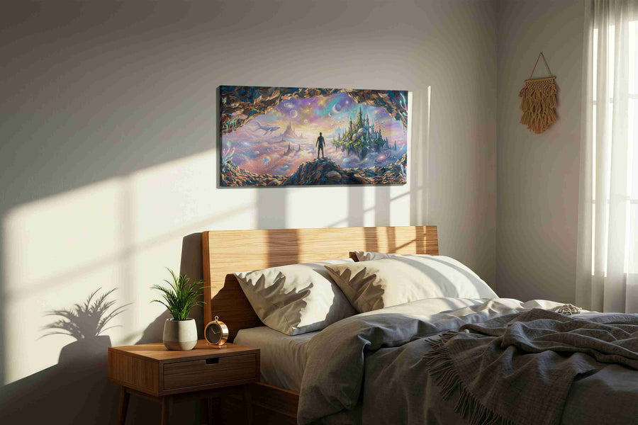 Dreamscape Beyond the Cave fantasy canvas print, displayed in a bedroom