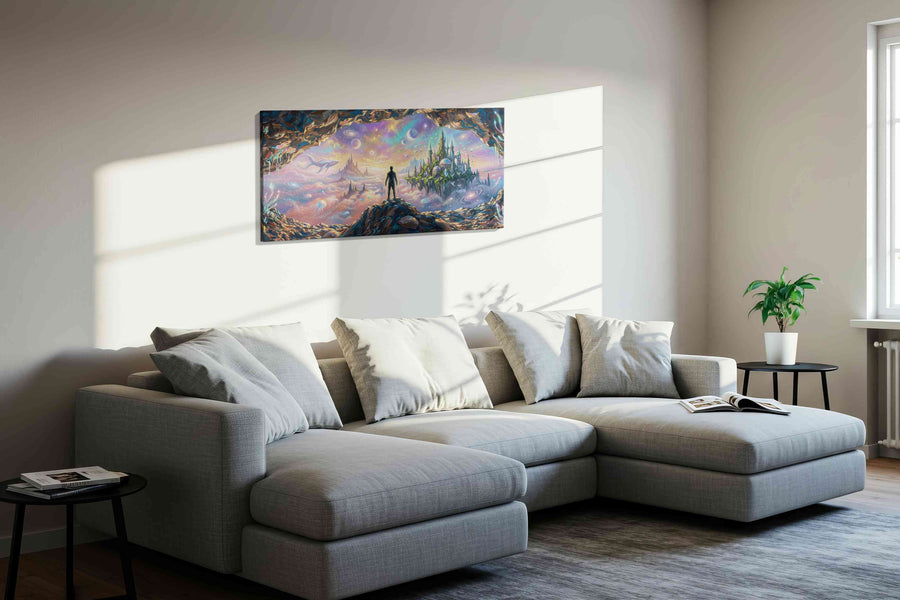 Dreamscape Beyond the Cave fantasy canvas print styled in a living room