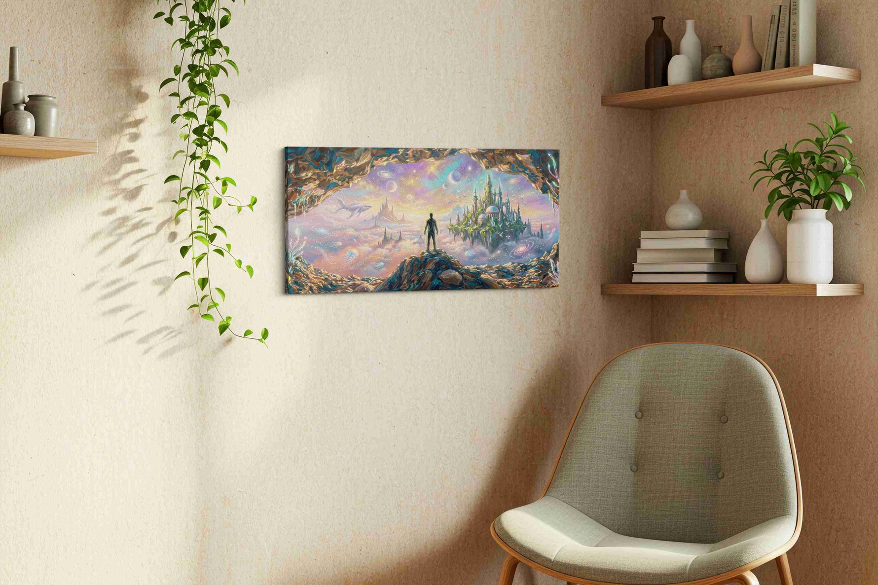 Dreamscape Beyond the Cave fantasy canvas print, displayed in a living room