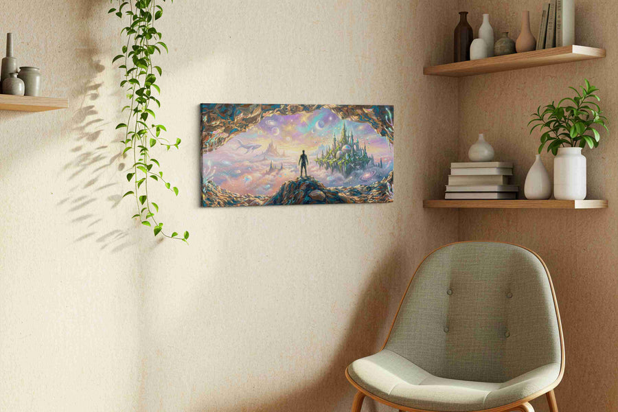Dreamscape Beyond the Cave fantasy canvas print, displayed in a living room