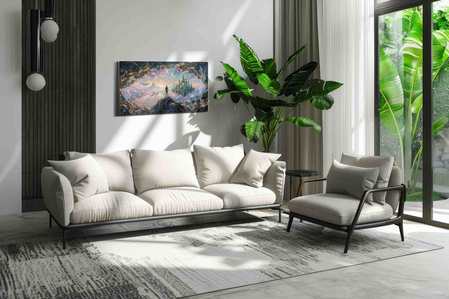 Dreamscape Beyond the Cave fantasy canvas print, on wall, lifestyle preview