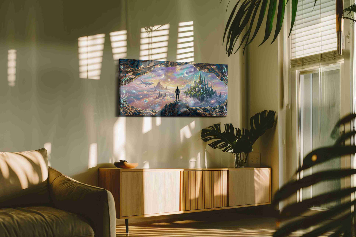 Dreamscape Beyond the Cave fantasy canvas print, hanging on wall