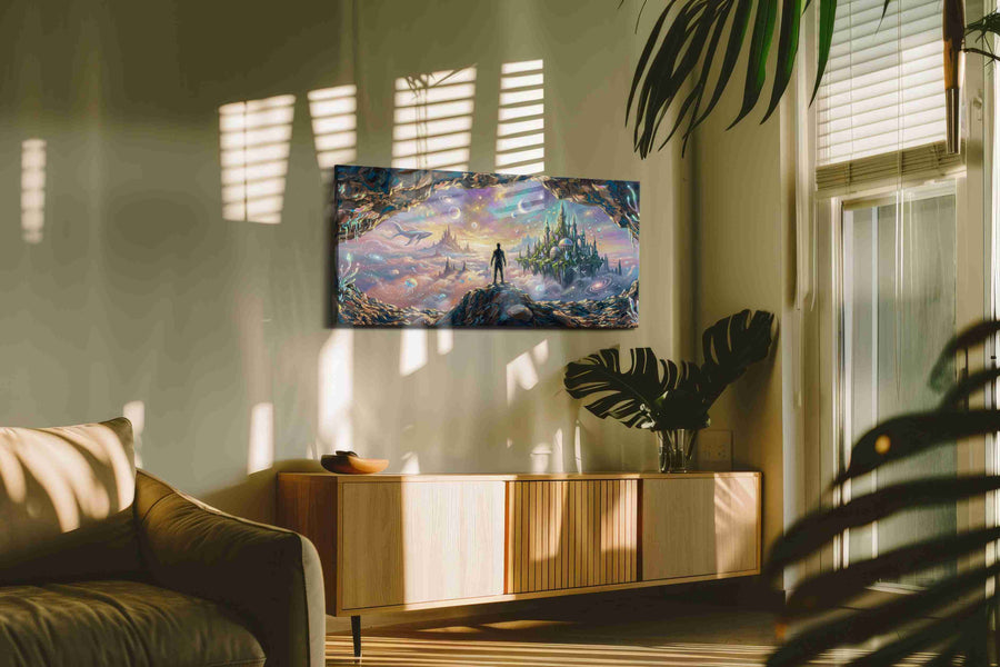 Dreamscape Beyond the Cave fantasy canvas print, hanging on wall