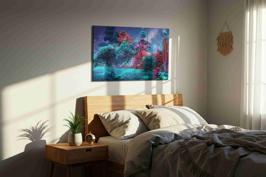 Dreamscape Luminescence fantasy canvas print, displayed in a bedroom