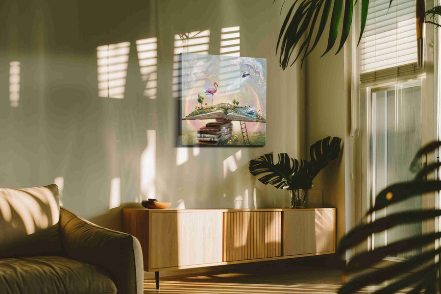 Dreamscape of Literary Wonder fantasy canvas print, hanging on wall — in a hung canvas mockup