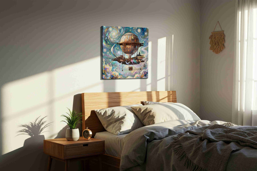 Dreamship in Celestial Skies fantasy canvas print, displayed in a bedroom