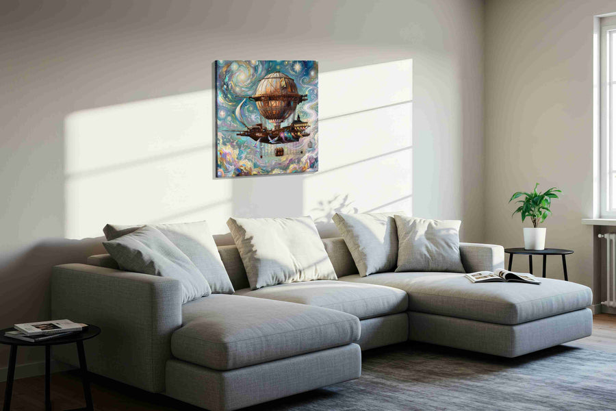 Dreamship in Celestial Skies fantasy canvas print, displayed in a living room