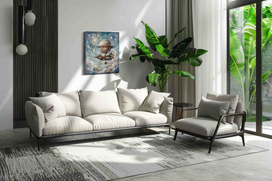 Dreamship in Celestial Skies fantasy canvas print, hanging on wall