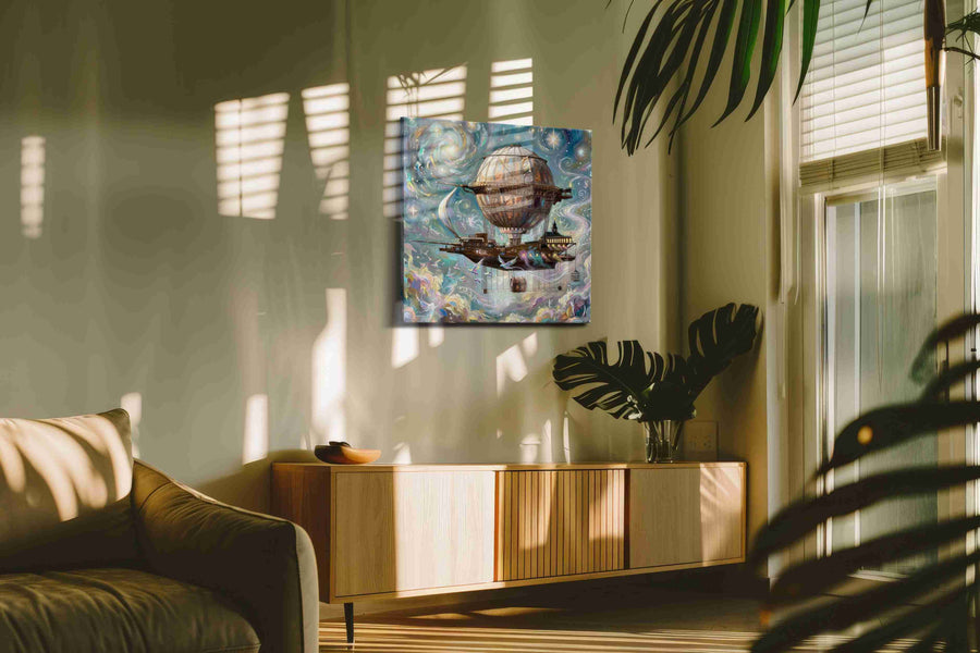 Dreamship in Celestial Skies fantasy canvas print in a hung canvas mockup