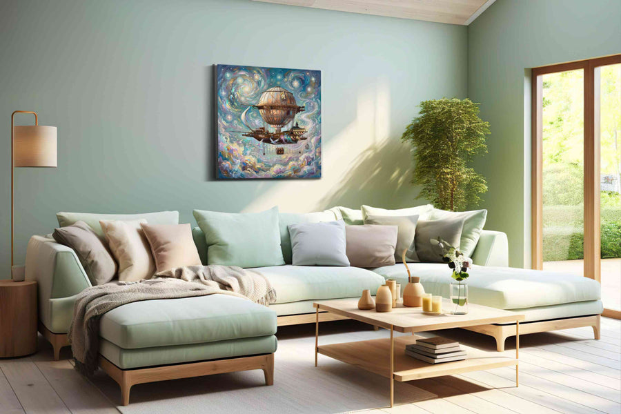Dreamship in Celestial Skies fantasy canvas print shown in a wall scene