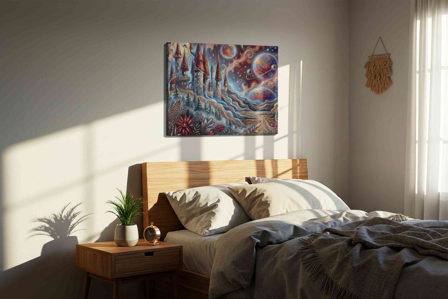 Enchanted Celestial Realm fantasy canvas print, displayed in a bedroom