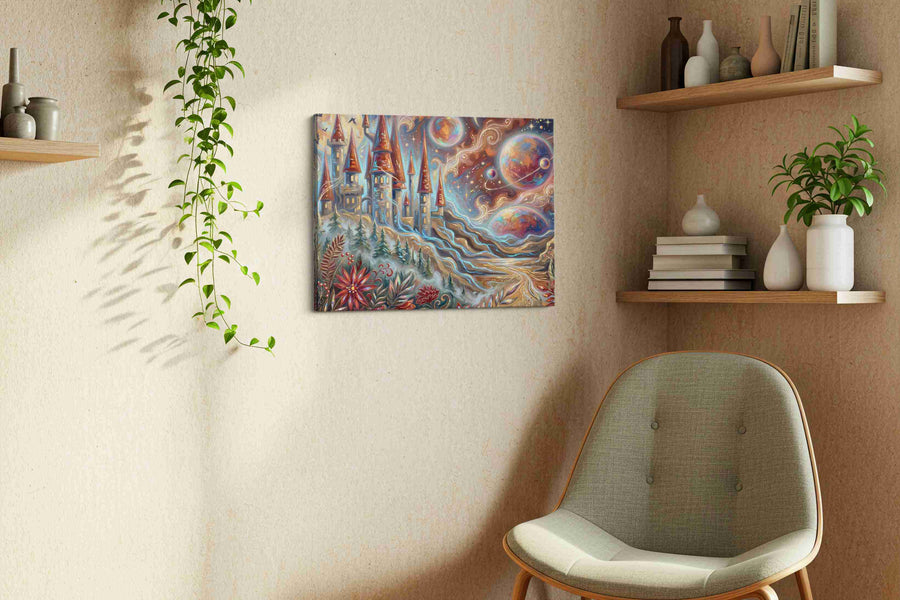 Enchanted Celestial Realm fantasy canvas print styled in a living room