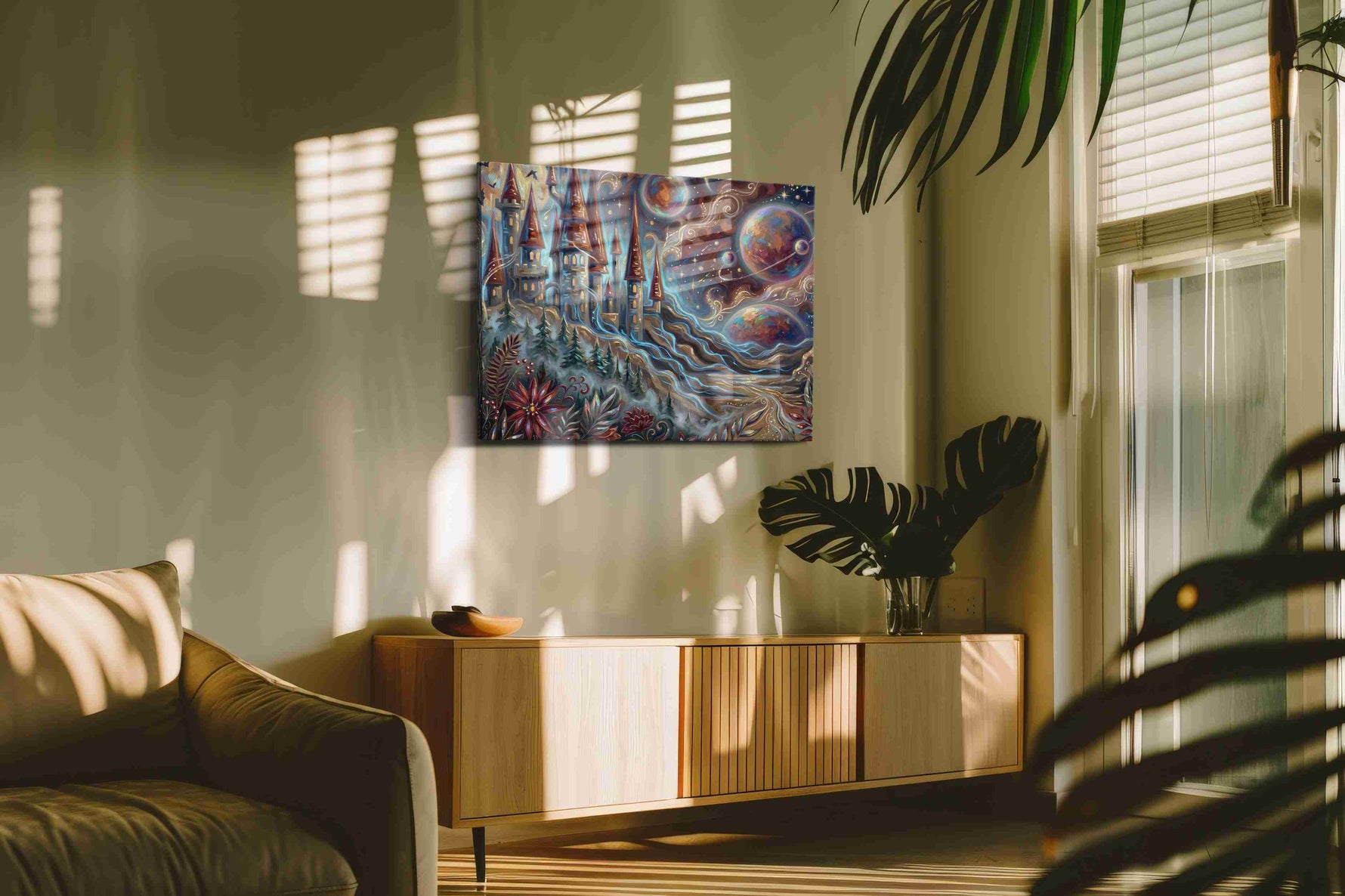 Enchanted Celestial Realm fantasy canvas print, on wall, lifestyle preview