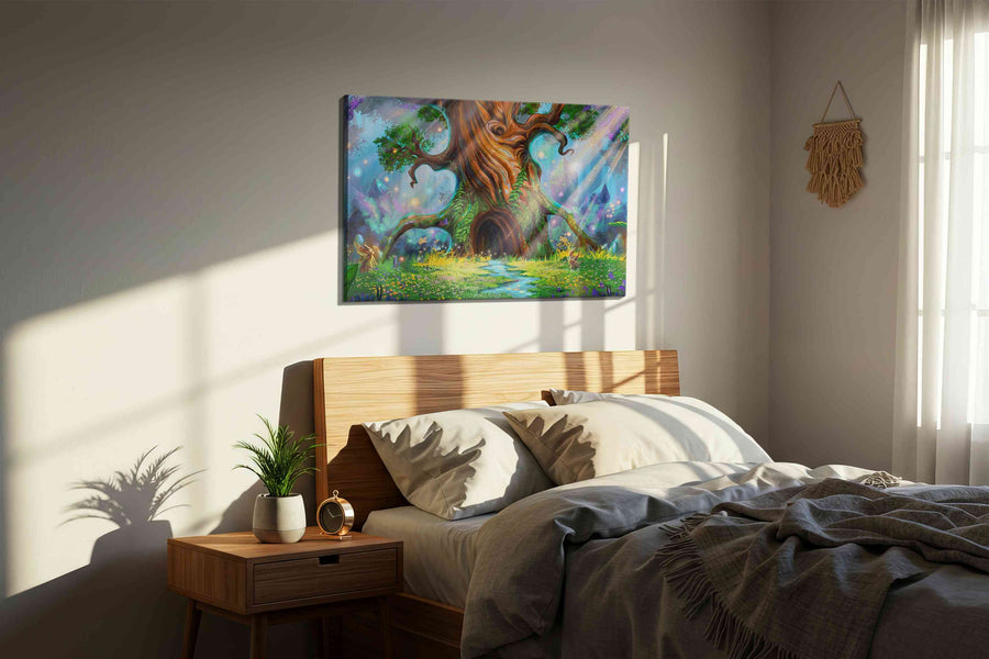 Enchanted Grove Whisper fantasy canvas print, displayed in a bedroom