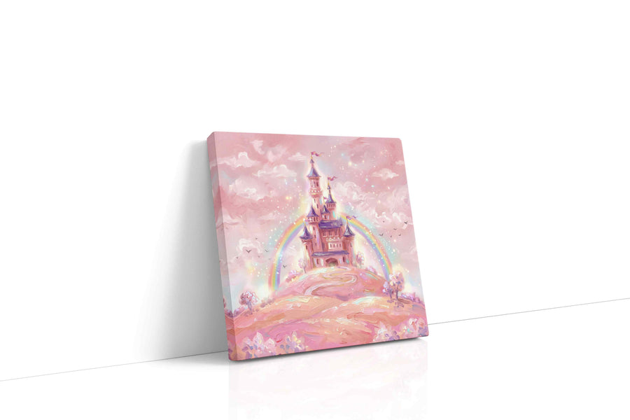 Enchanted Pastel Castle fantasy canvas print, gallery-wrapped, ready to hang