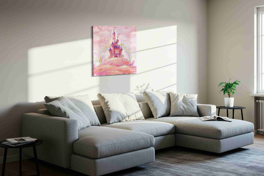 Enchanted Pastel Castle fantasy canvas print, displayed in a living room