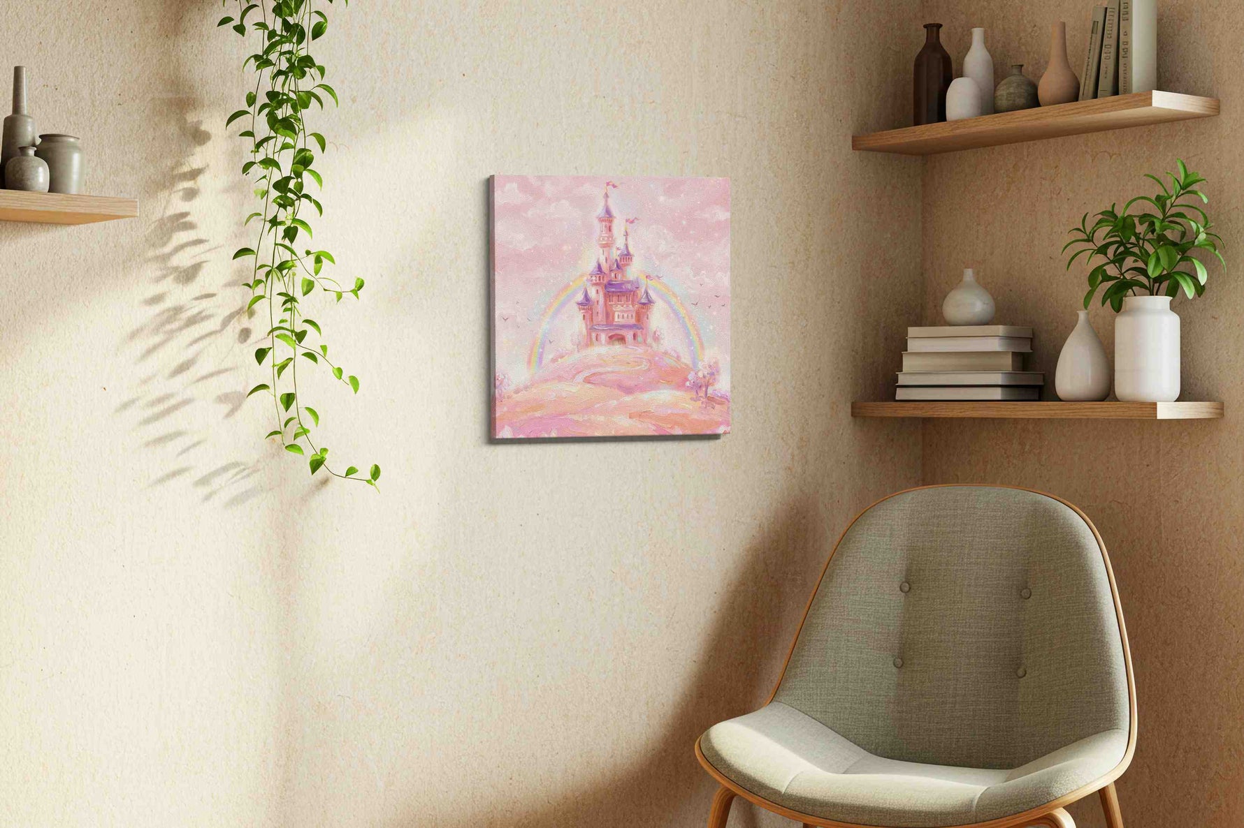 Enchanted Pastel Castle fantasy canvas print styled in a living room