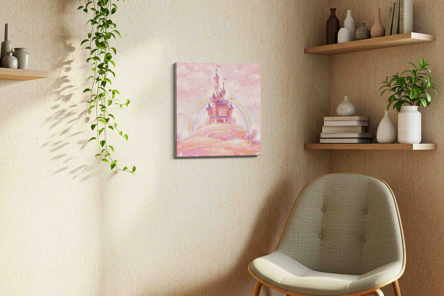 Enchanted Pastel Castle fantasy canvas print styled in a living room