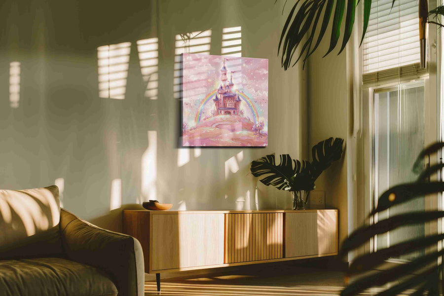 Enchanted Pastel Castle fantasy canvas print in a hung canvas mockup