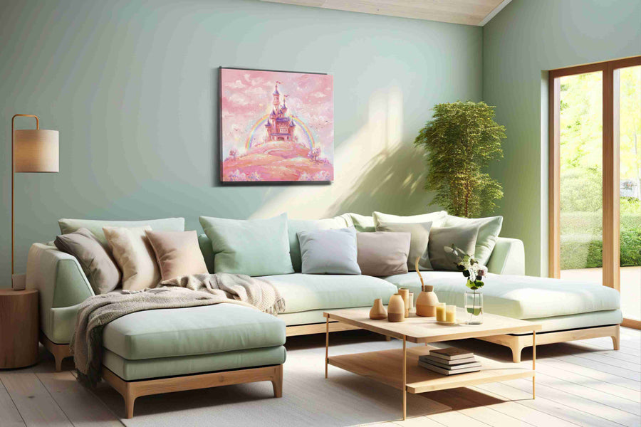 Enchanted Pastel Castle fantasy canvas print, hanging on wall