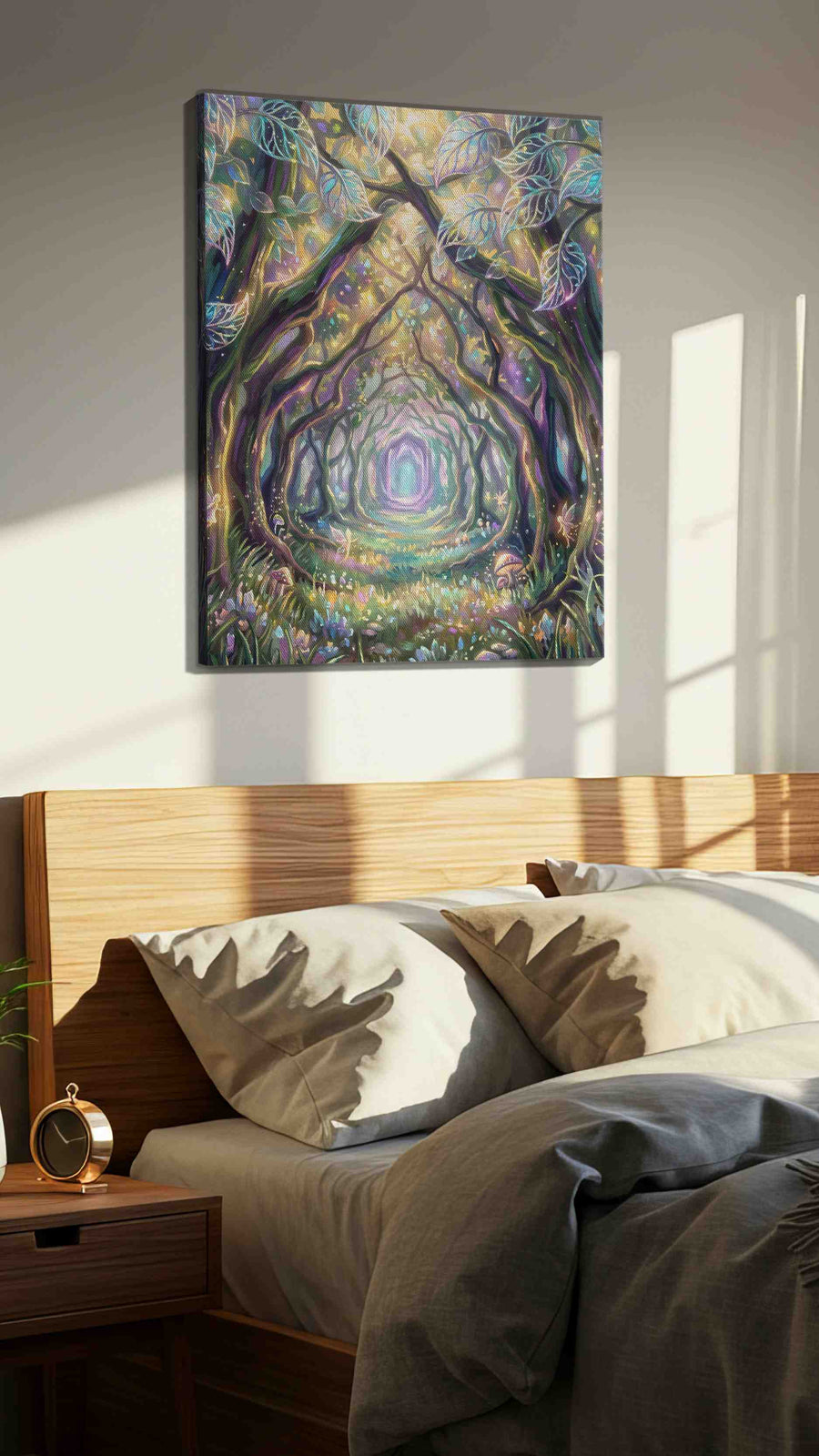 Enchanted Woodland Pathway fantasy canvas print, displayed in a bedroom