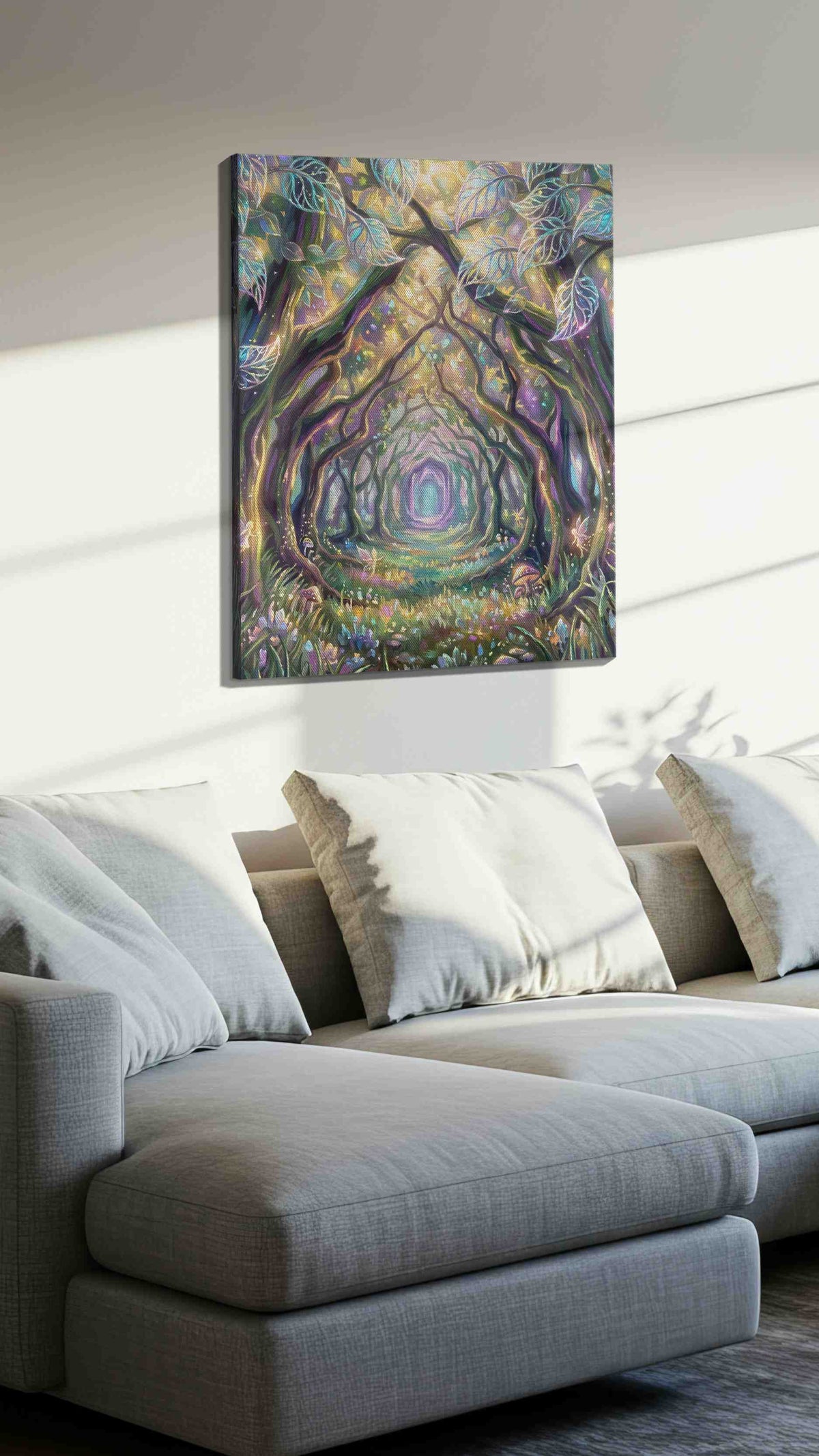 Enchanted Woodland Pathway fantasy canvas print, displayed in a living room