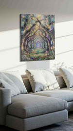 Enchanted Woodland Pathway fantasy canvas print, displayed in a living room