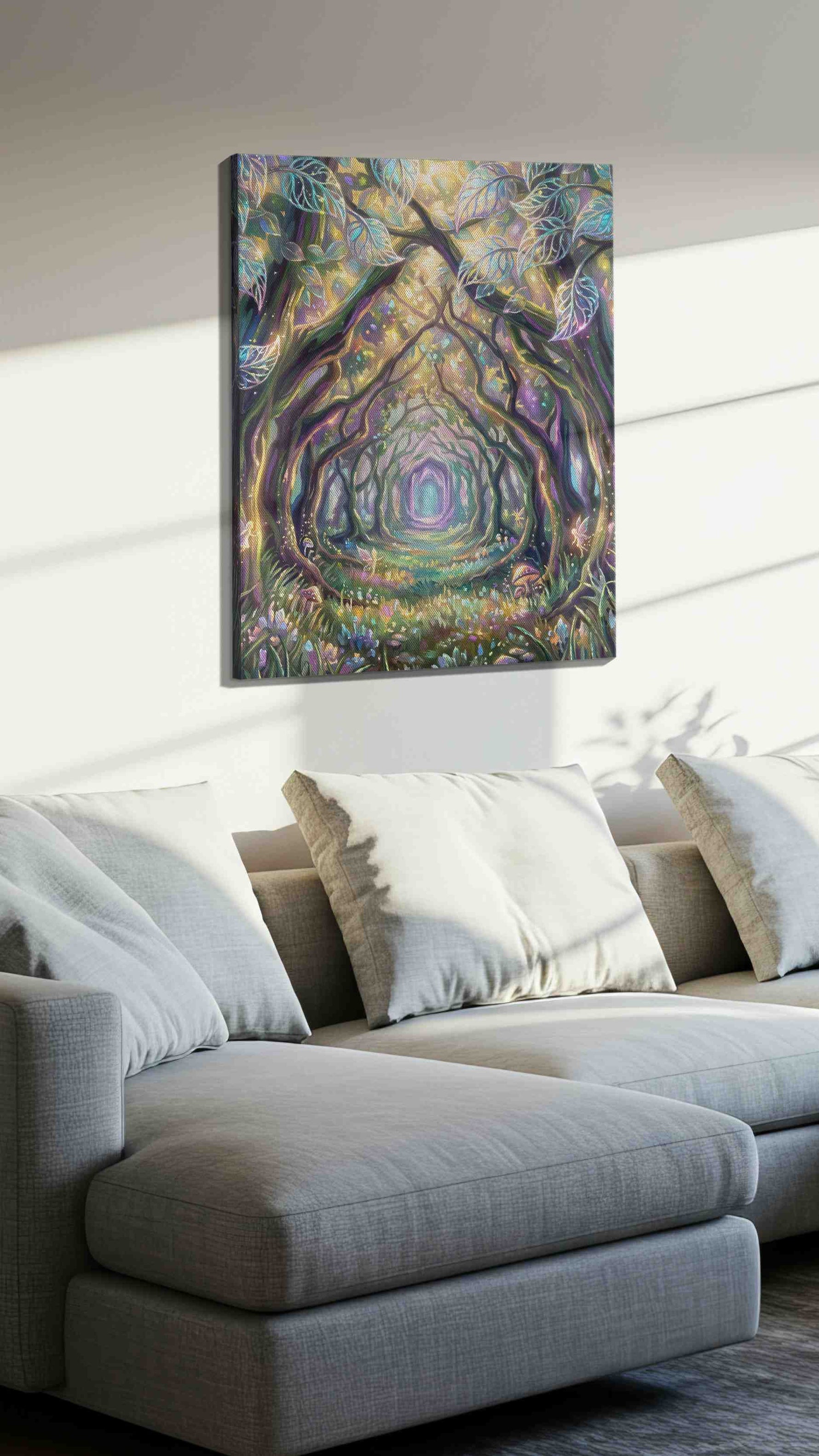 Enchanted Woodland Pathway fantasy canvas print, displayed in a living room