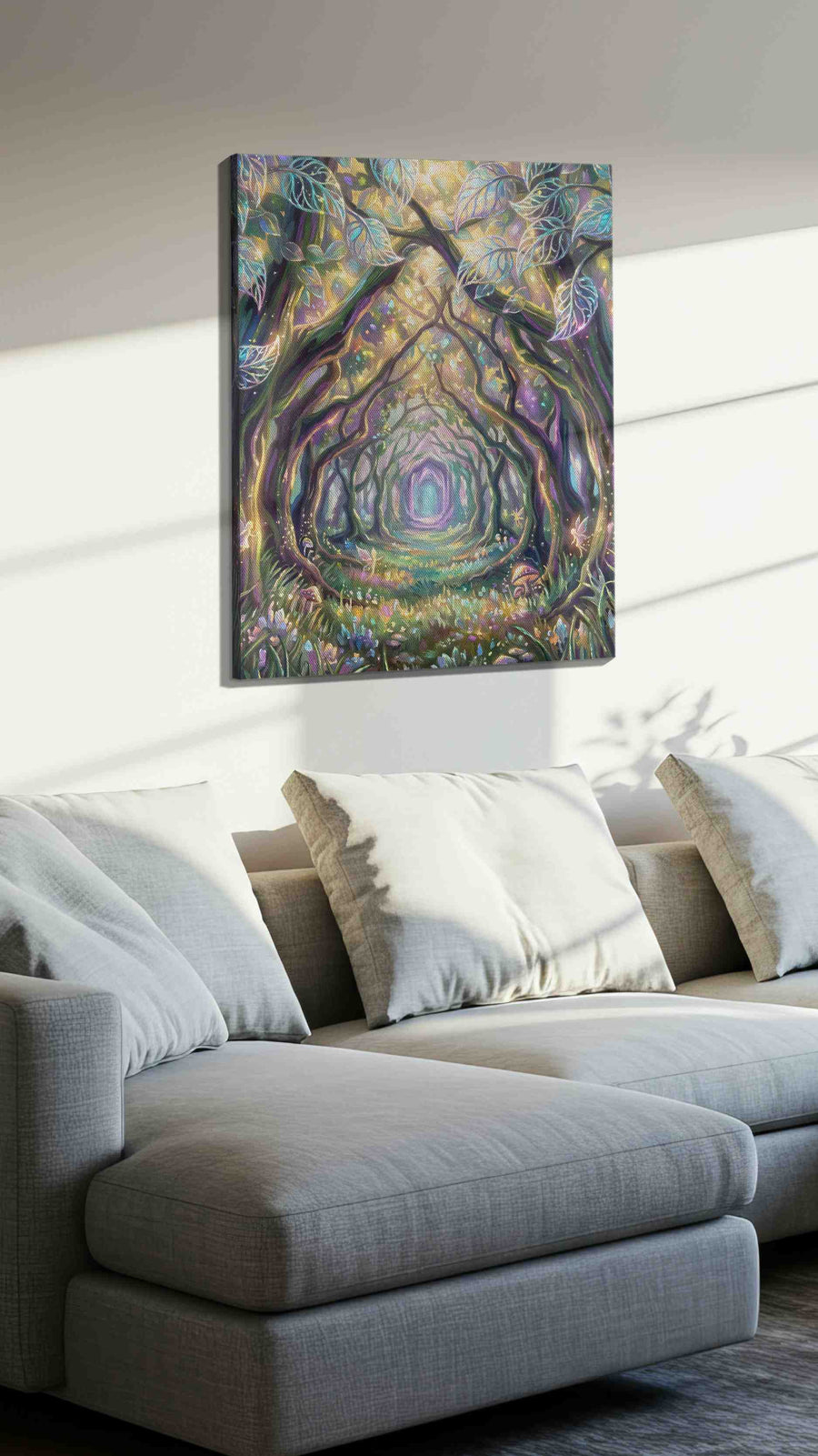 Enchanted Woodland Pathway fantasy canvas print, displayed in a living room
