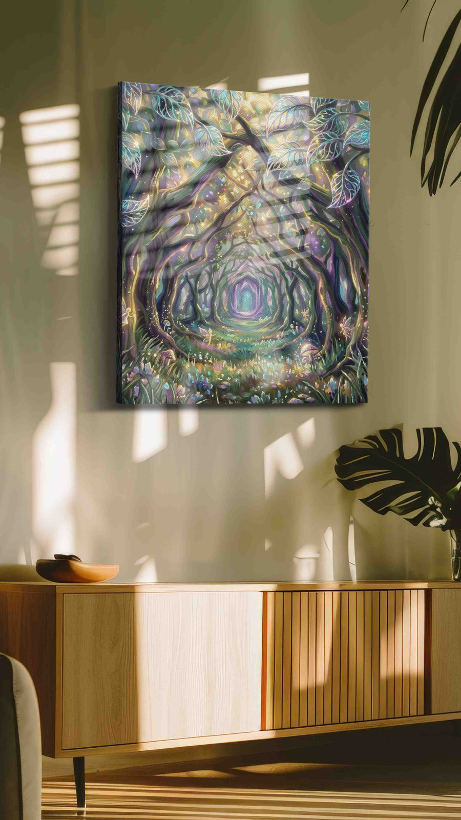 Enchanted Woodland Pathway fantasy canvas print, hanging on wall