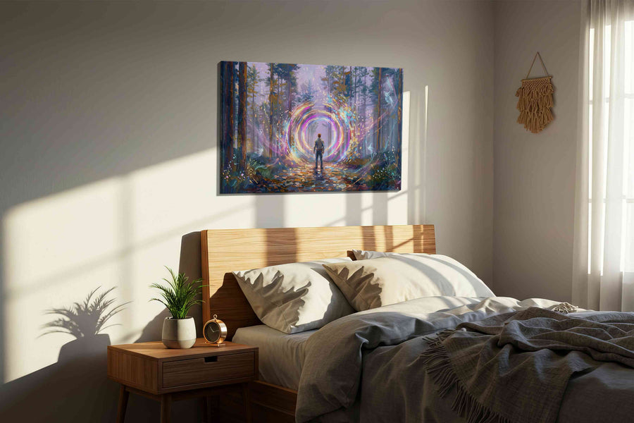Gateway to Enchanted Realms fantasy canvas print, displayed in a bedroom