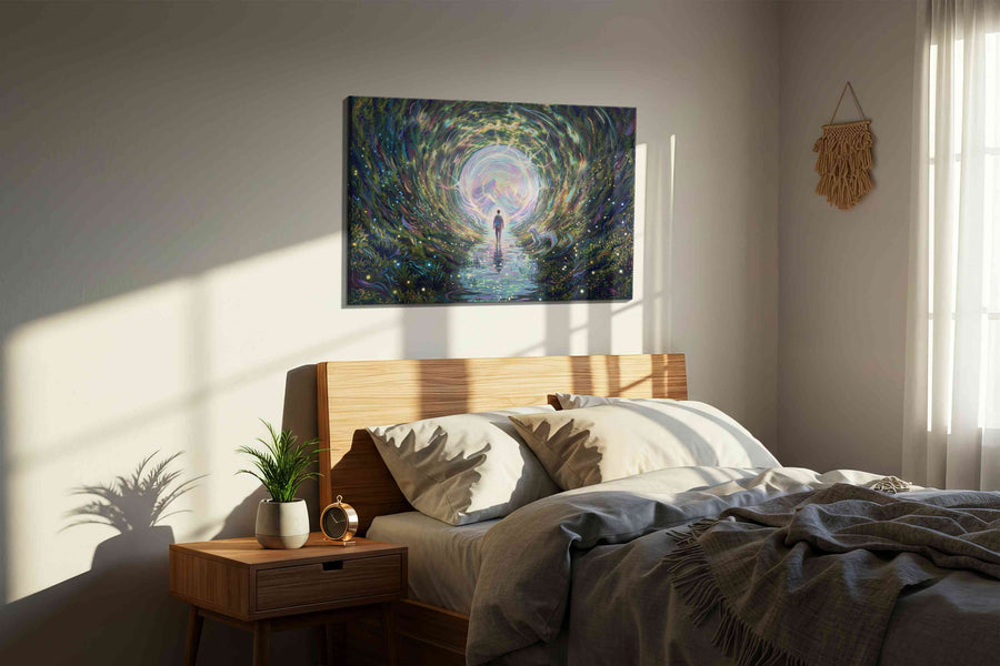 Journey Through the Luminous Veil fantasy canvas print, displayed in a bedroom