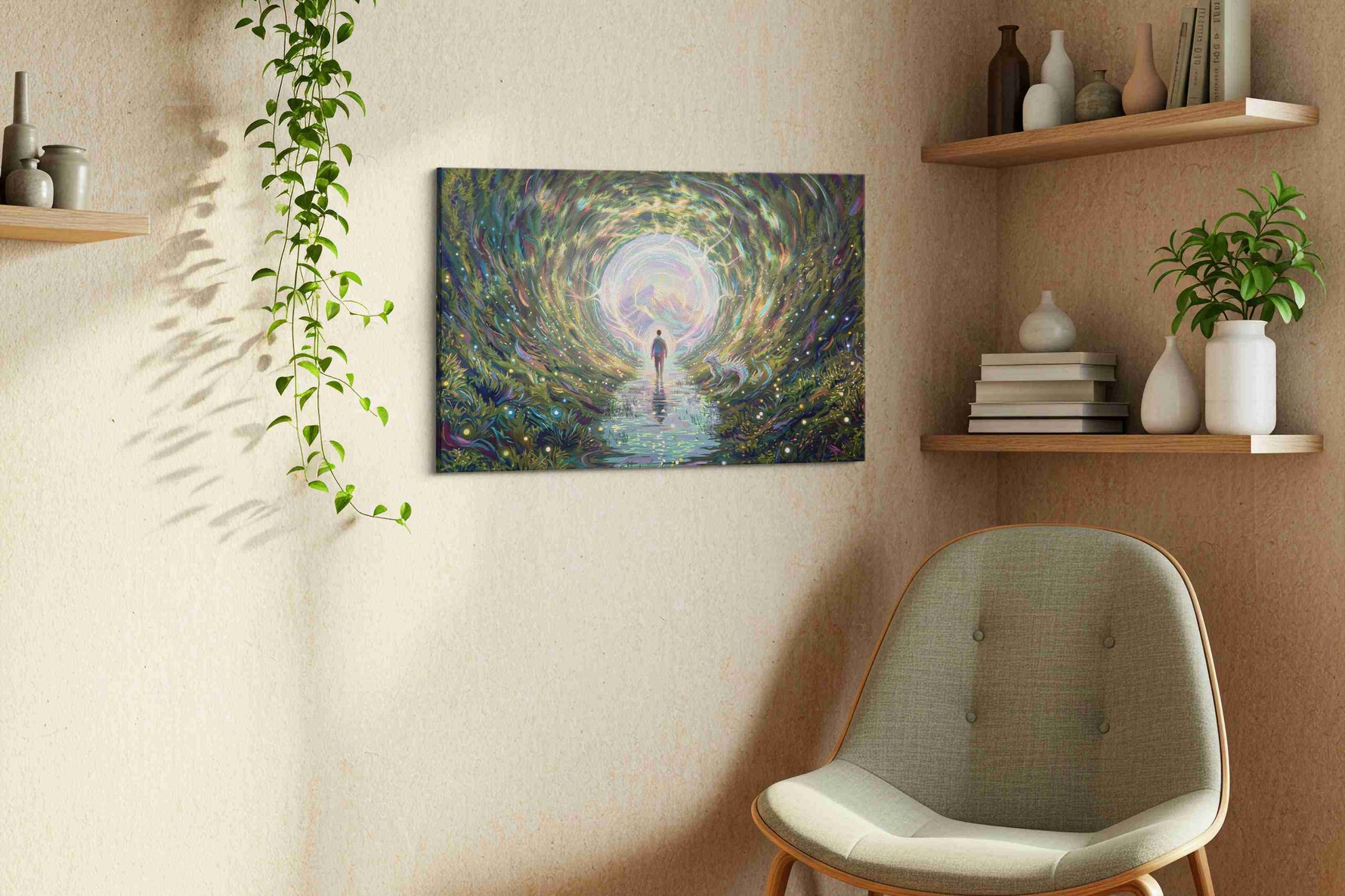 Journey Through the Luminous Veil fantasy canvas print, hanging on wall — view 2