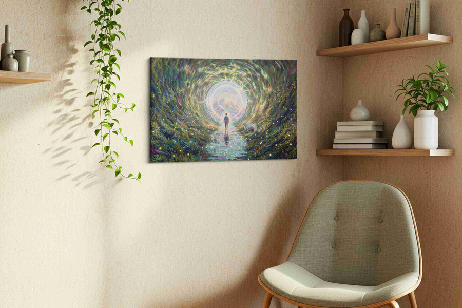 Journey Through the Luminous Veil fantasy canvas print, hanging on wall — view 2