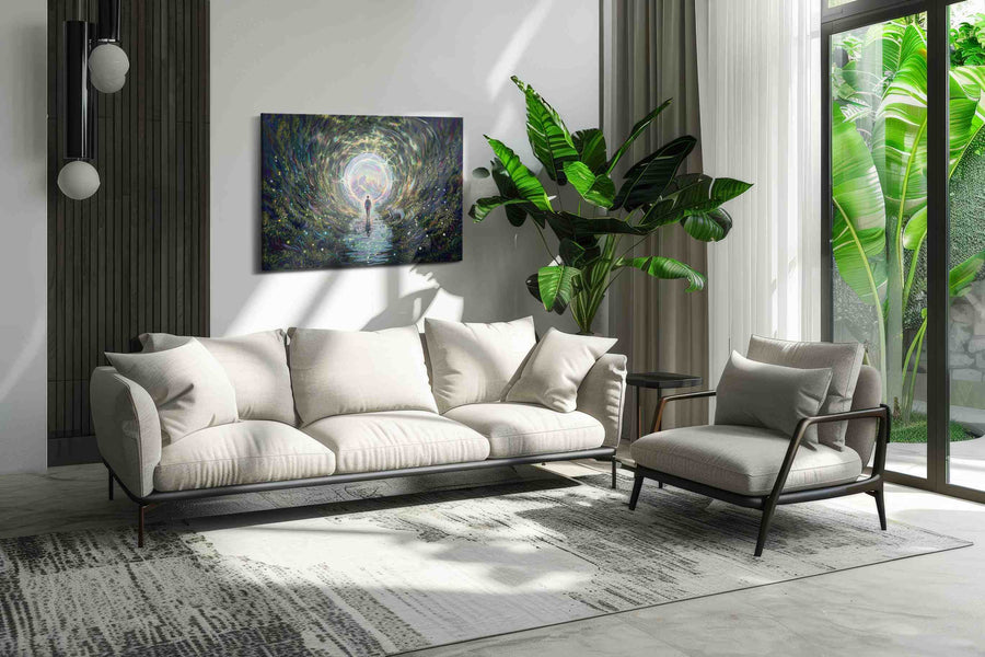 Journey Through the Luminous Veil fantasy canvas print, hanging on wall