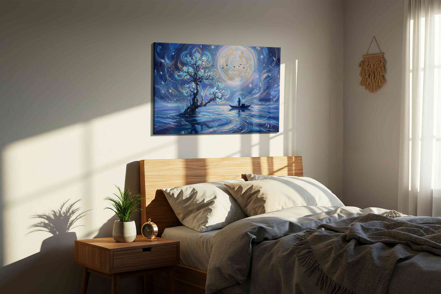 Lunar Serenity Voyage fantasy canvas print, displayed in a bedroom